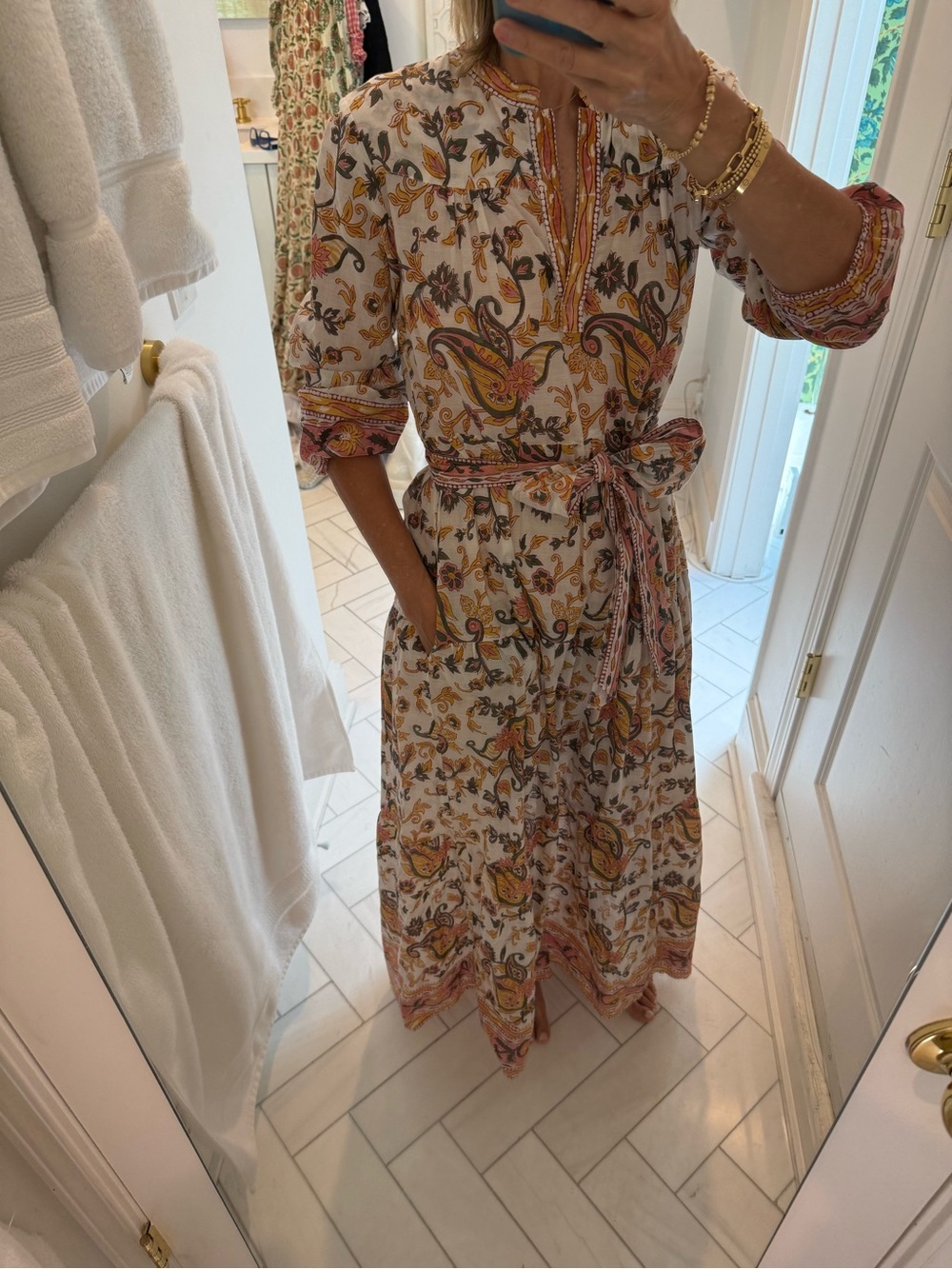 Paisley block Print cotton Maxi Dress in Cream and olive and pink